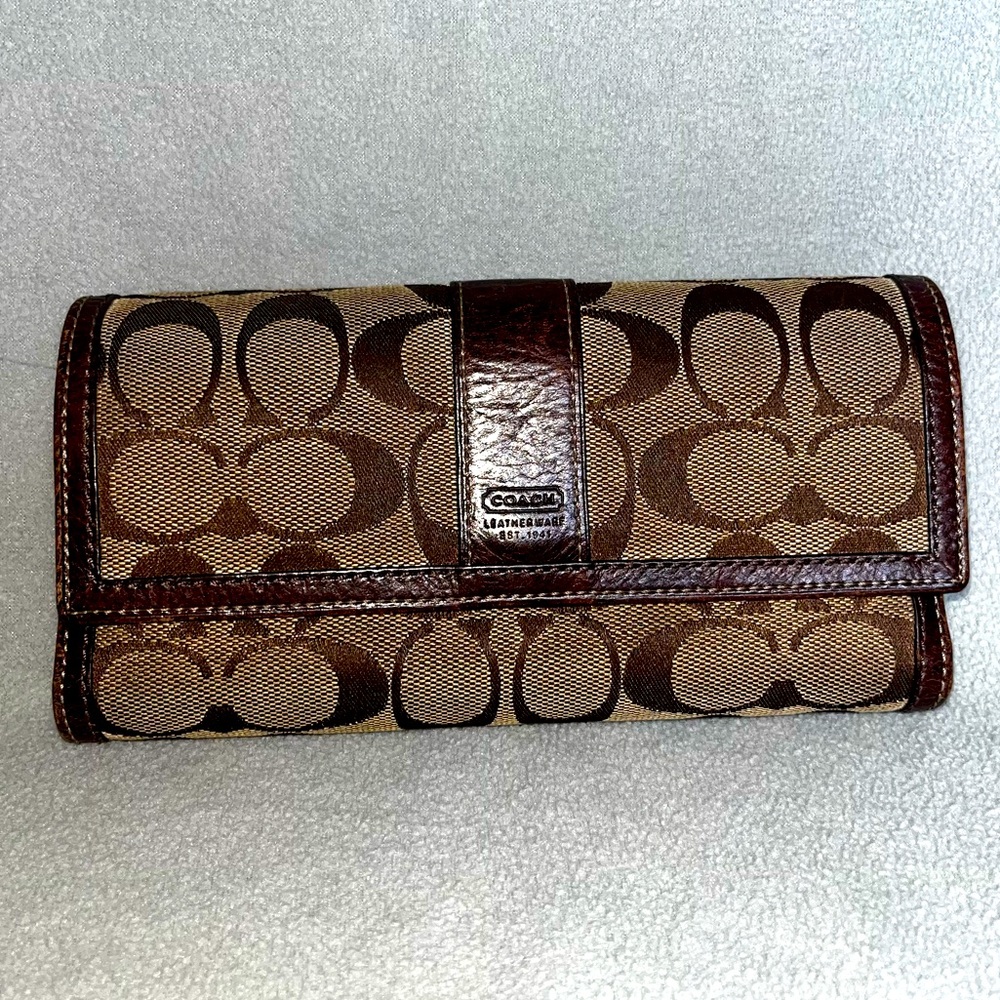COACH Beige Brown Khaki Signature Jacquard Leather Snap Wallet